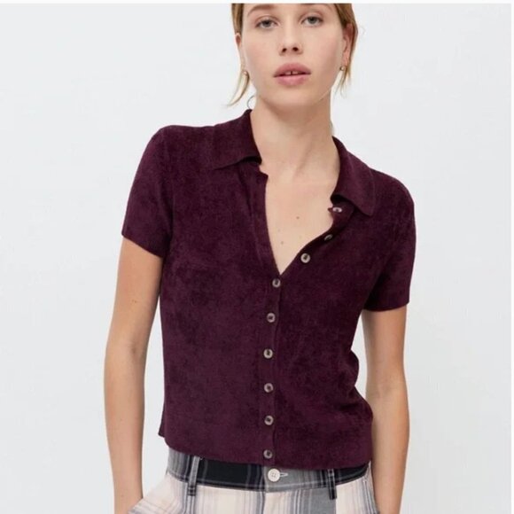 Urban Outfitters UO Adeline V-Neck Short Sleeve Cardigan Plum Purple Size XS - Picture 1 of 6